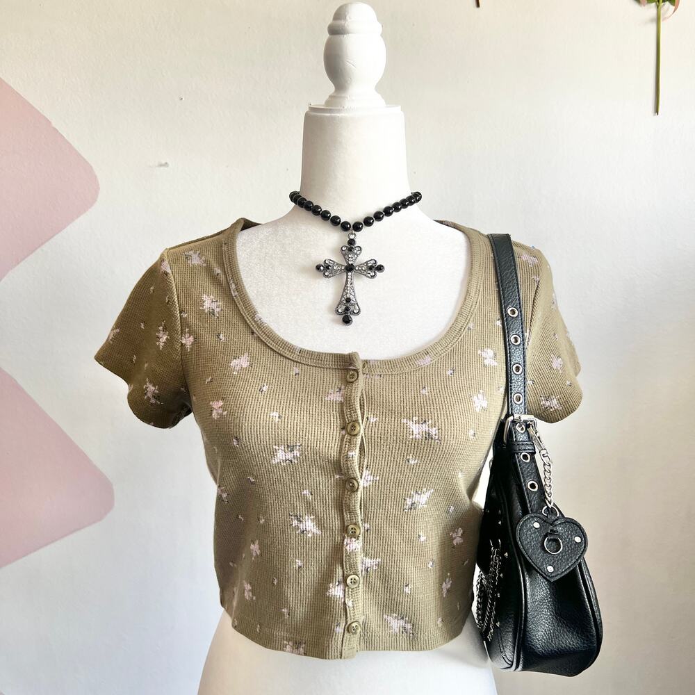 Green Waffle Knit Floral Crop‎ Top, Y2K, Cottagecore, Indie, Retro, Small